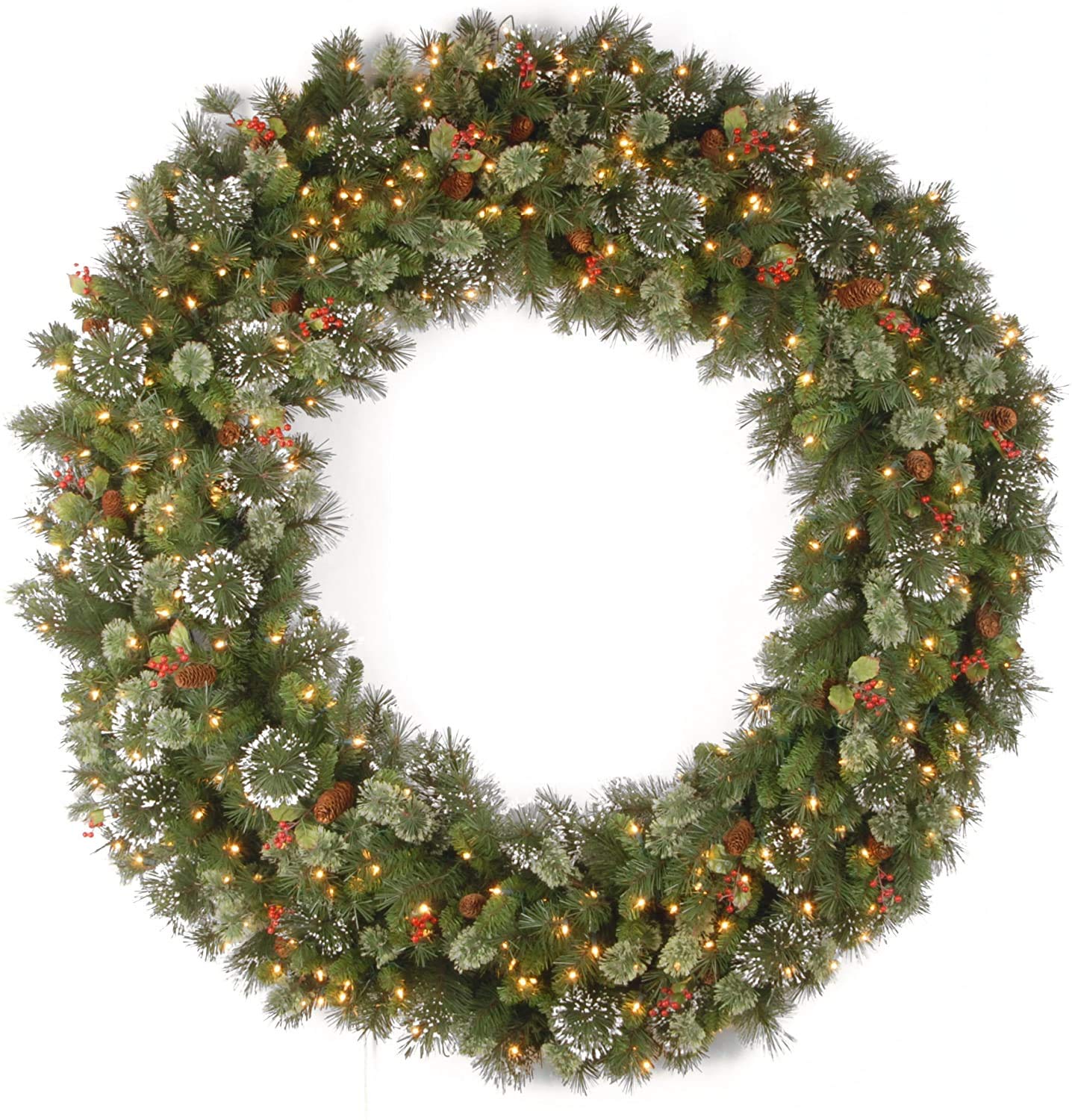 National Tree Company Pre-Lit Artificial Christmas Wreath, Green, Crestwood Spruce, White Lights, Decorated with Pine Cones, Berry Clusters, Frosted Branches, Christmas Collection, 24 Inches