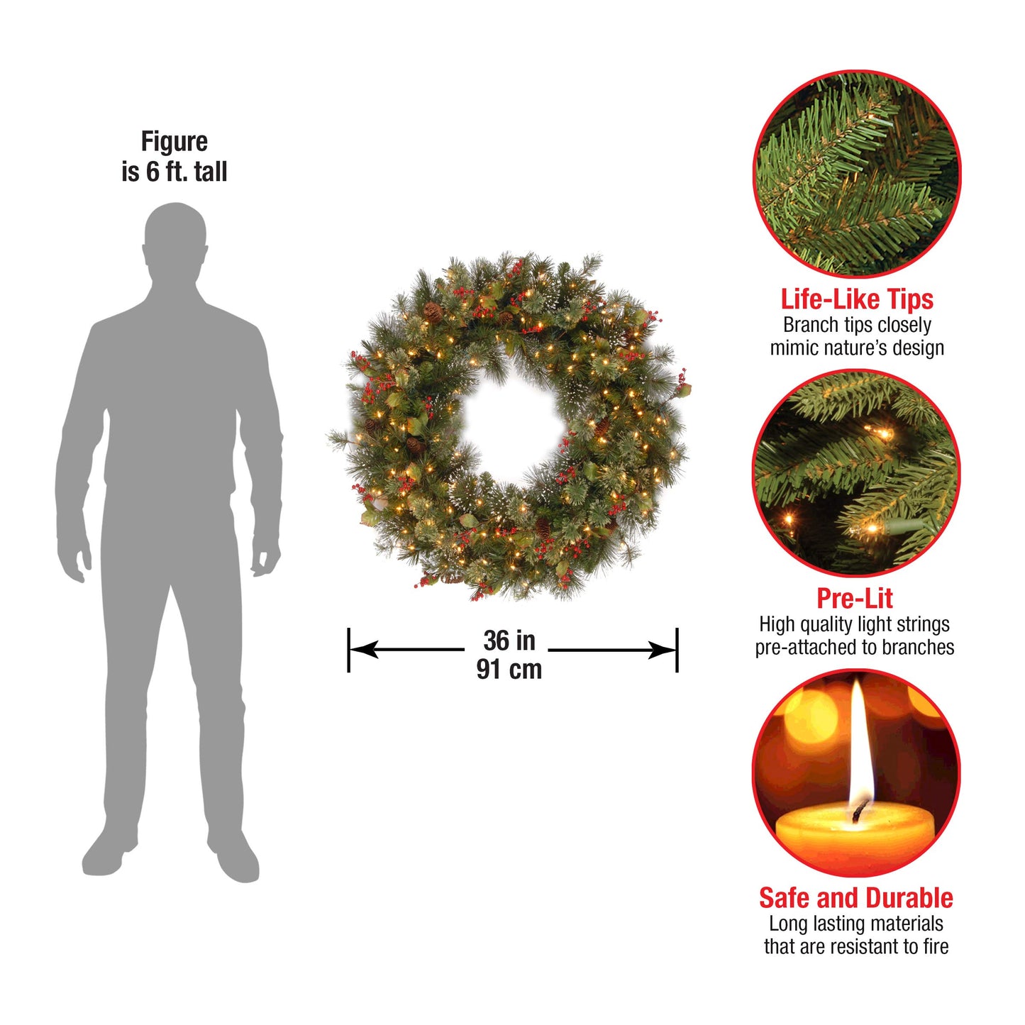 National Tree Company Pre-Lit Artificial Christmas Wreath, Green, Crestwood Spruce, White Lights, Decorated with Pine Cones, Berry Clusters, Frosted Branches, Christmas Collection, 24 Inches