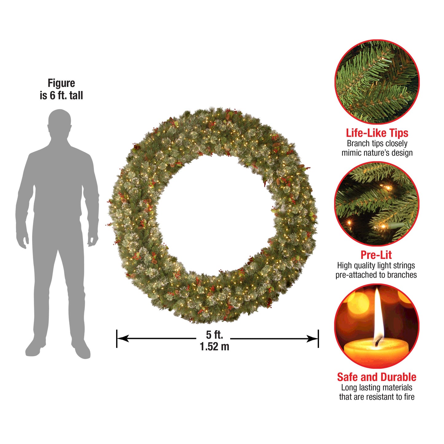 National Tree Company Pre-Lit Artificial Christmas Wreath, Green, Crestwood Spruce, White Lights, Decorated with Pine Cones, Berry Clusters, Frosted Branches, Christmas Collection, 24 Inches