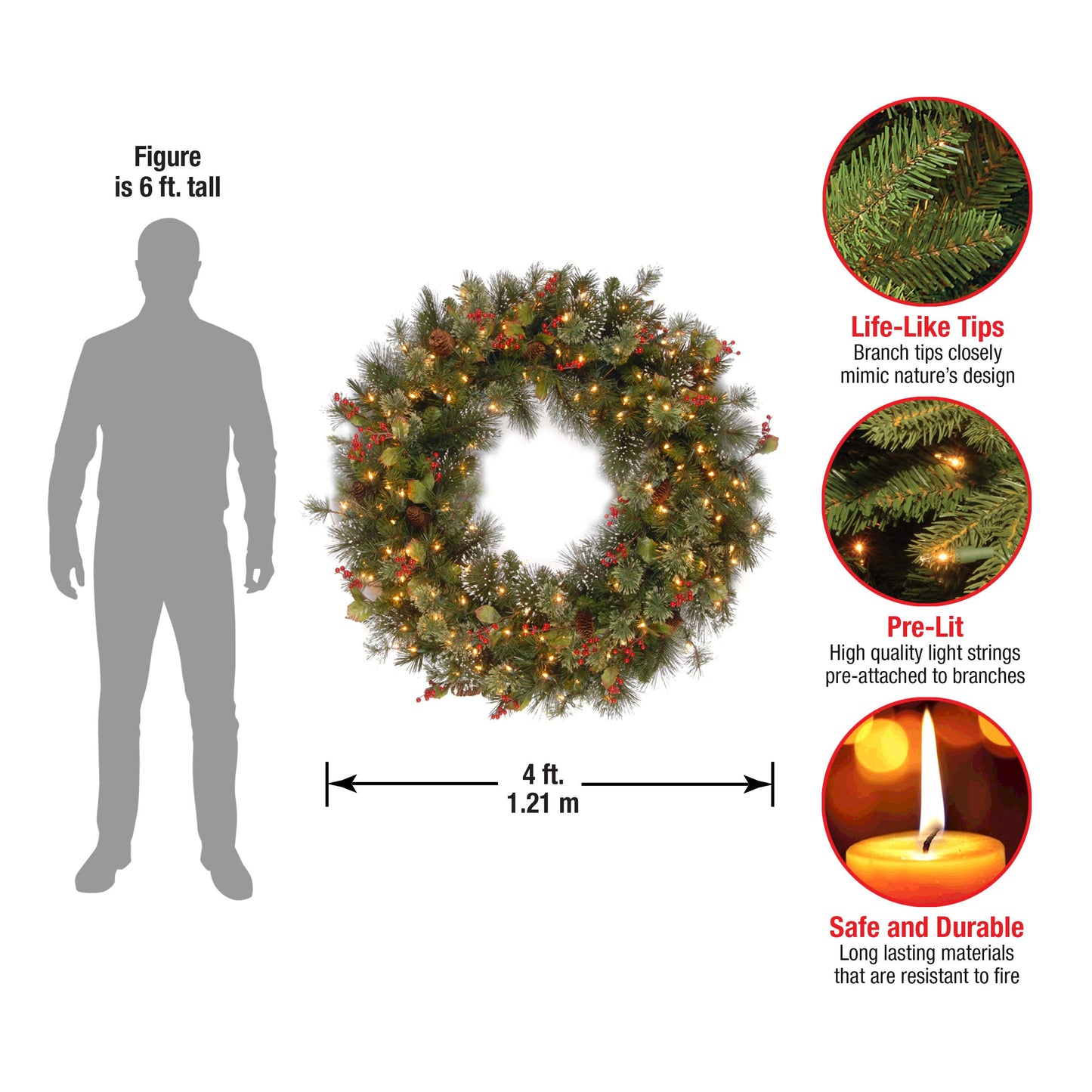 National Tree Company Pre-Lit Artificial Christmas Wreath, Green, Crestwood Spruce, White Lights, Decorated with Pine Cones, Berry Clusters, Frosted Branches, Christmas Collection, 24 Inches