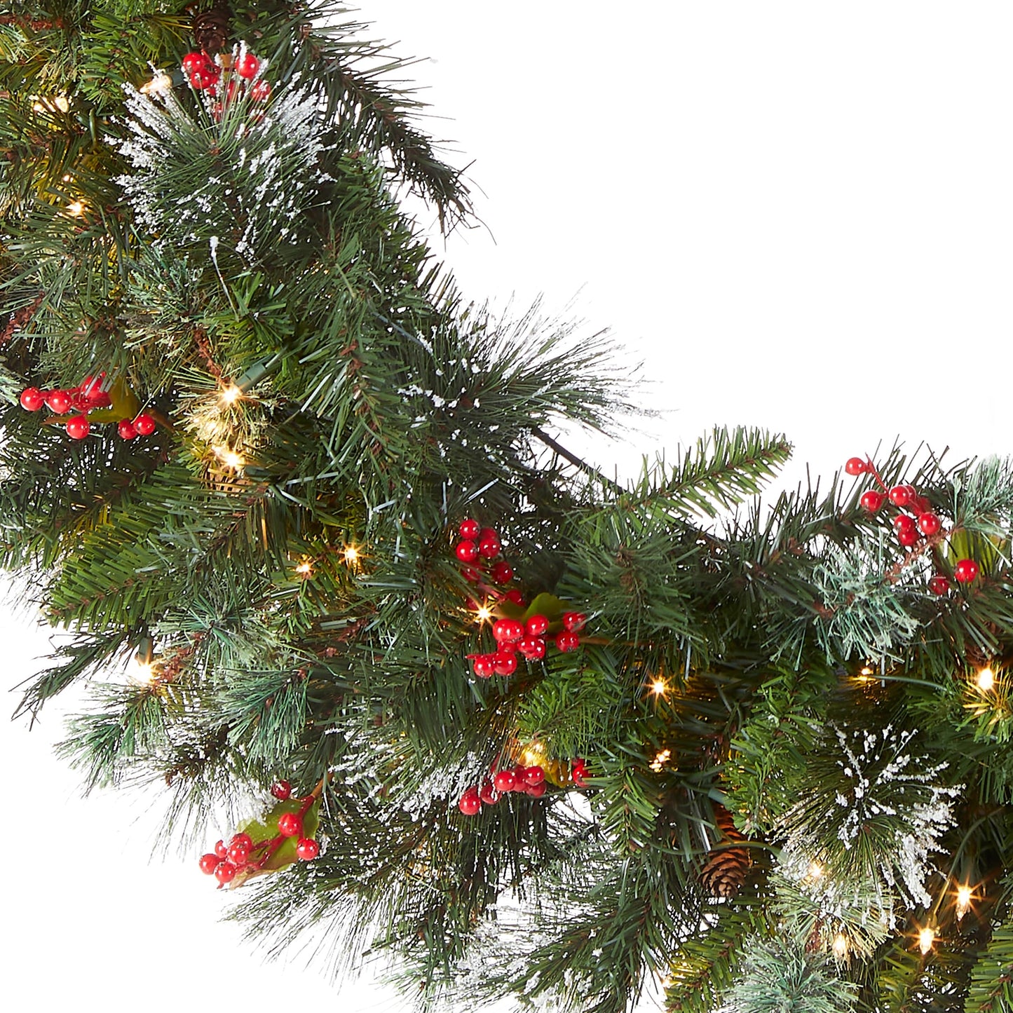 National Tree Company Pre-Lit Artificial Christmas Wreath, Green, Crestwood Spruce, White Lights, Decorated with Pine Cones, Berry Clusters, Frosted Branches, Christmas Collection, 24 Inches