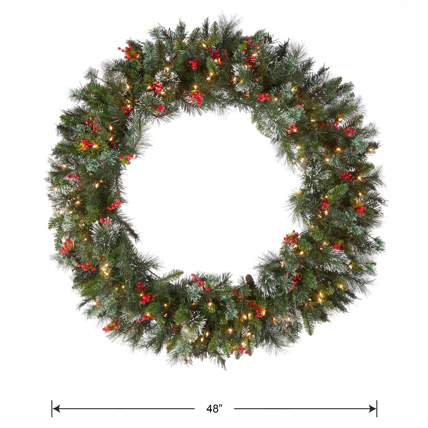 National Tree Company Pre-Lit Artificial Christmas Wreath, Green, Crestwood Spruce, White Lights, Decorated with Pine Cones, Berry Clusters, Frosted Branches, Christmas Collection, 24 Inches
