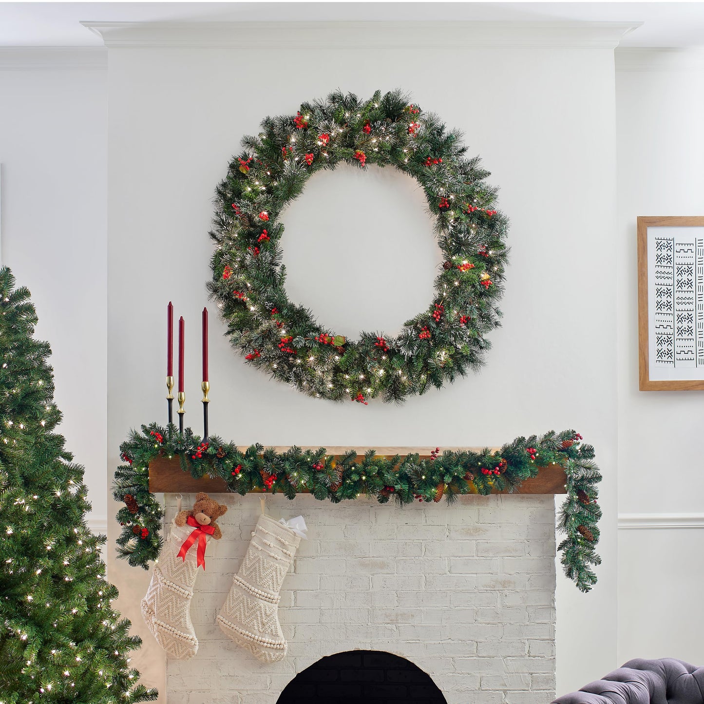 National Tree Company Pre-Lit Artificial Christmas Wreath, Green, Crestwood Spruce, White Lights, Decorated with Pine Cones, Berry Clusters, Frosted Branches, Christmas Collection, 24 Inches