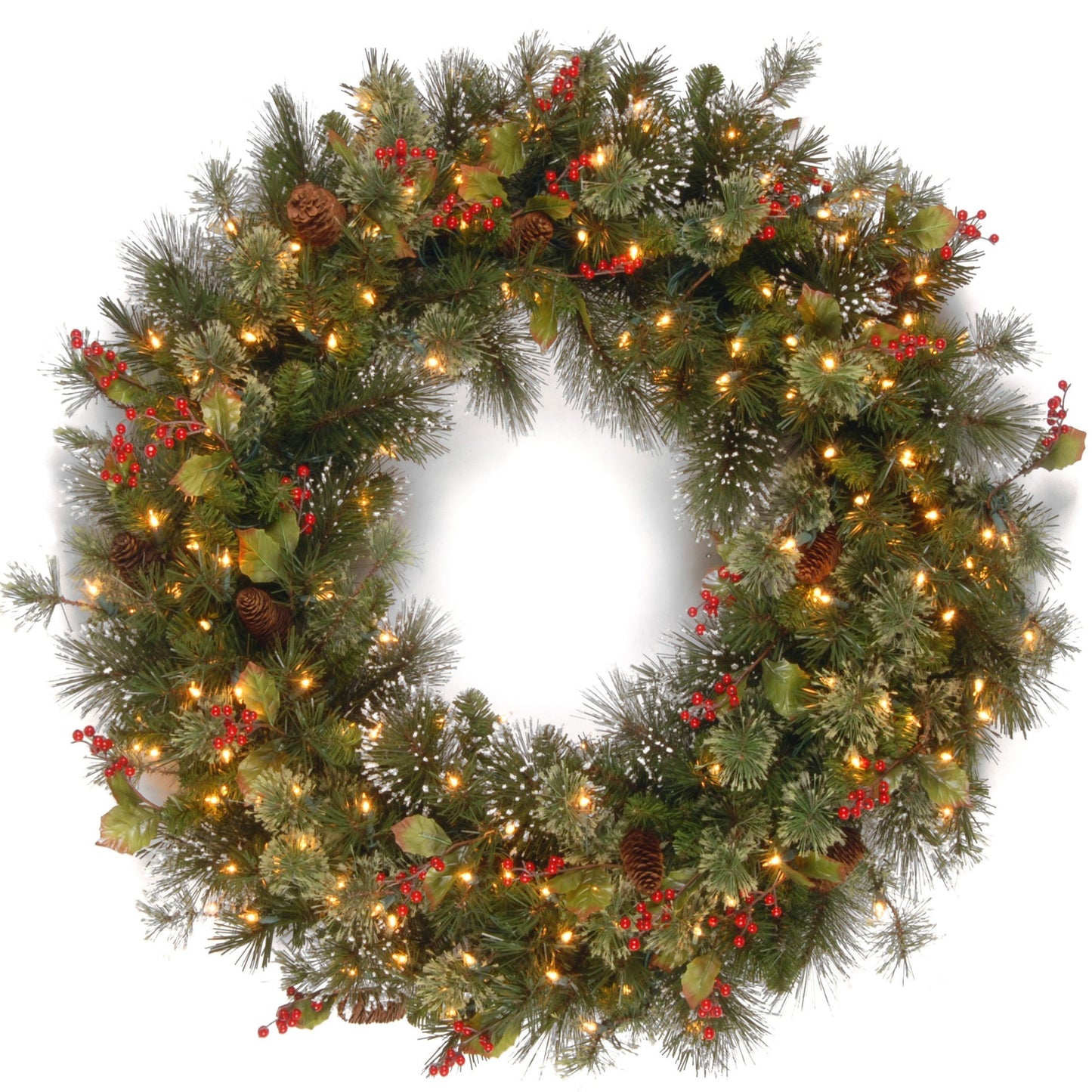 National Tree Company Pre-Lit Artificial Christmas Wreath, Green, Crestwood Spruce, White Lights, Decorated with Pine Cones, Berry Clusters, Frosted Branches, Christmas Collection, 24 Inches