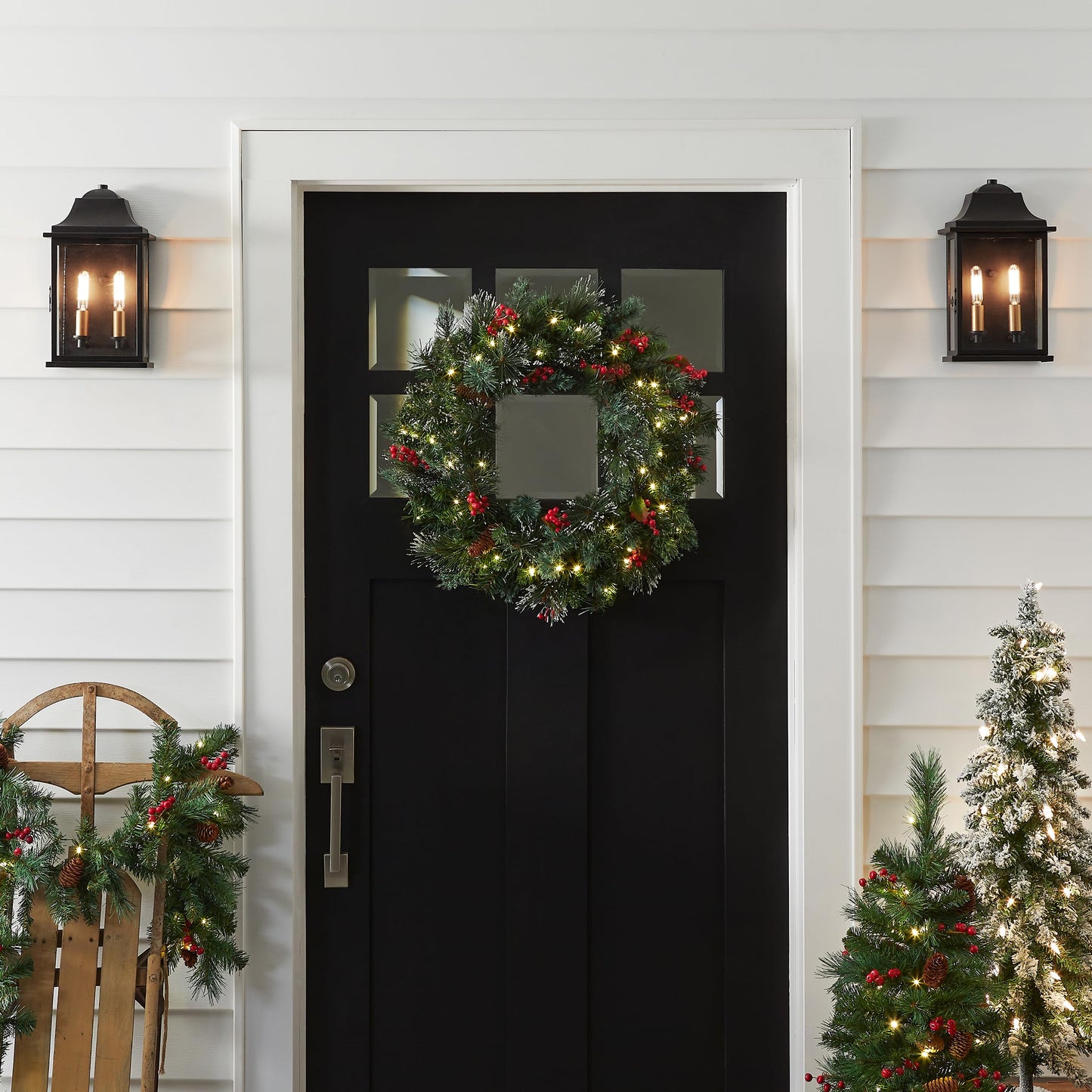 National Tree Company Pre-Lit Artificial Christmas Wreath, Green, Crestwood Spruce, White Lights, Decorated with Pine Cones, Berry Clusters, Frosted Branches, Christmas Collection, 24 Inches