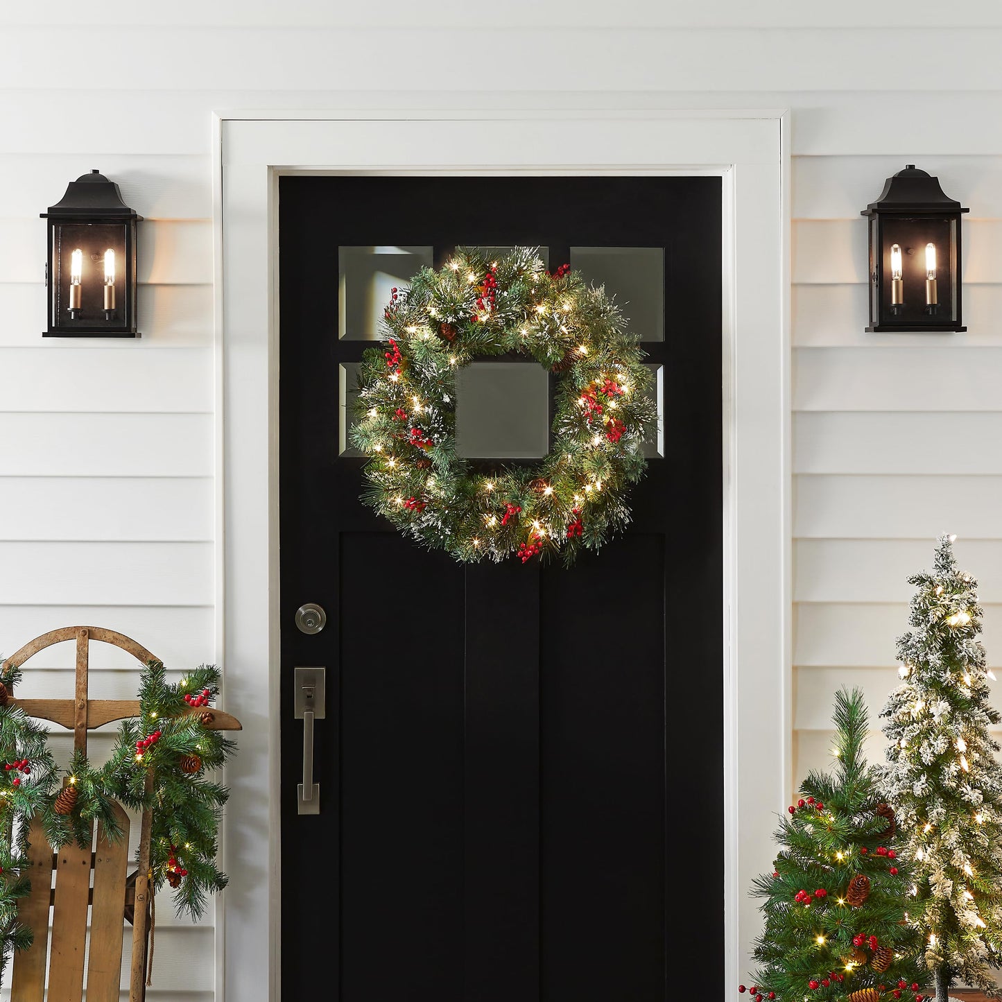 National Tree Company Pre-Lit Artificial Christmas Wreath, Green, Crestwood Spruce, White Lights, Decorated with Pine Cones, Berry Clusters, Frosted Branches, Christmas Collection, 24 Inches