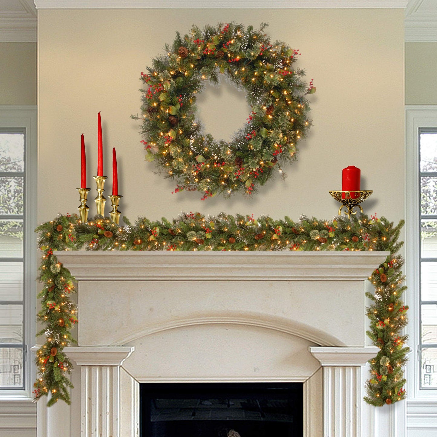 National Tree Company Pre-Lit Artificial Christmas Wreath, Green, Crestwood Spruce, White Lights, Decorated with Pine Cones, Berry Clusters, Frosted Branches, Christmas Collection, 24 Inches