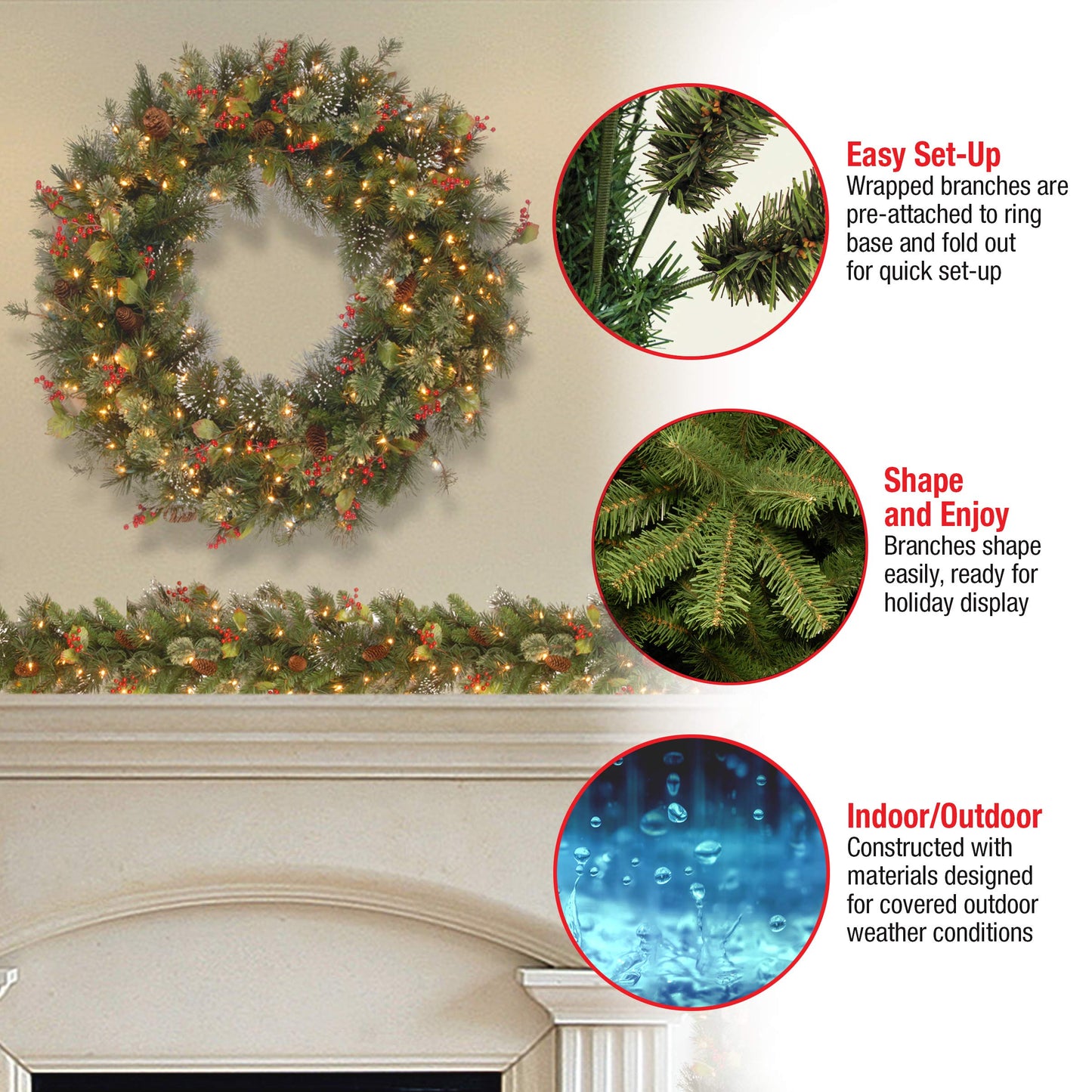 National Tree Company Pre-Lit Artificial Christmas Wreath, Green, Crestwood Spruce, White Lights, Decorated with Pine Cones, Berry Clusters, Frosted Branches, Christmas Collection, 24 Inches