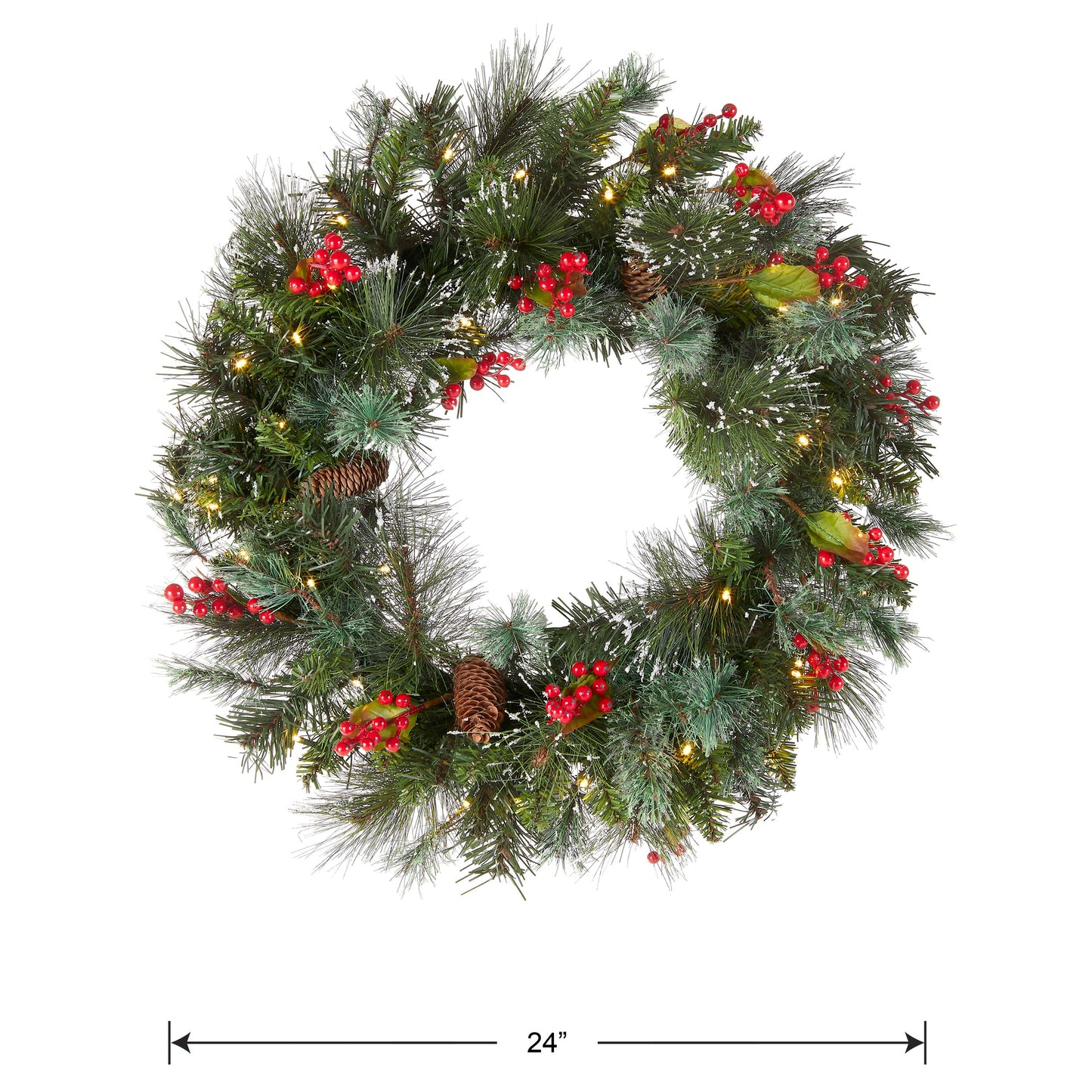 National Tree Company Pre-Lit Artificial Christmas Wreath, Green, Crestwood Spruce, White Lights, Decorated with Pine Cones, Berry Clusters, Frosted Branches, Christmas Collection, 24 Inches