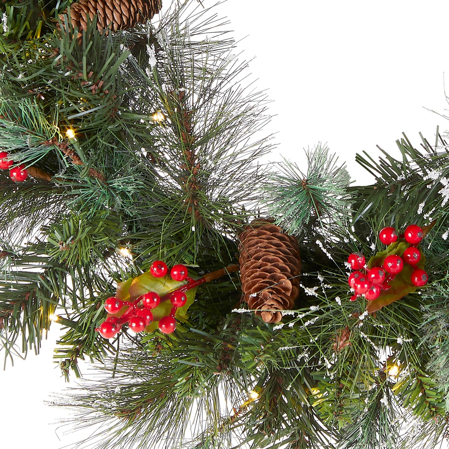 National Tree Company Pre-Lit Artificial Christmas Wreath, Green, Crestwood Spruce, White Lights, Decorated with Pine Cones, Berry Clusters, Frosted Branches, Christmas Collection, 24 Inches