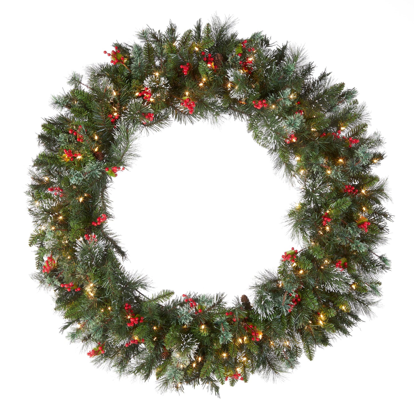 National Tree Company Pre-Lit Artificial Christmas Wreath, Green, Crestwood Spruce, White Lights, Decorated with Pine Cones, Berry Clusters, Frosted Branches, Christmas Collection, 24 Inches